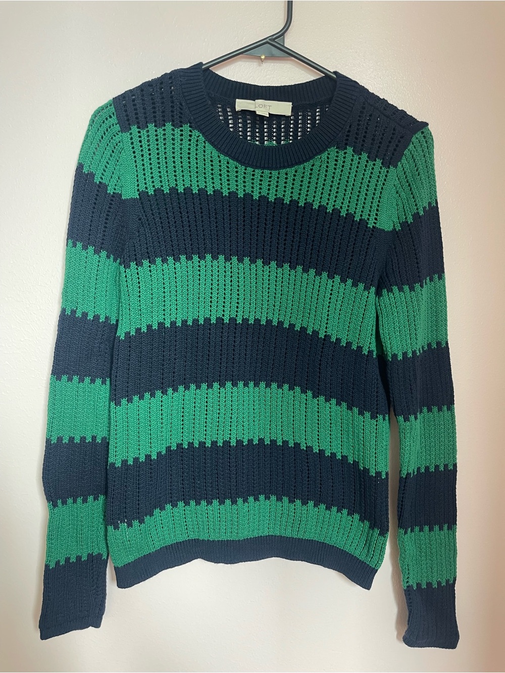 LOFT Navy & Green Striped‎ Crewneck Sweater
